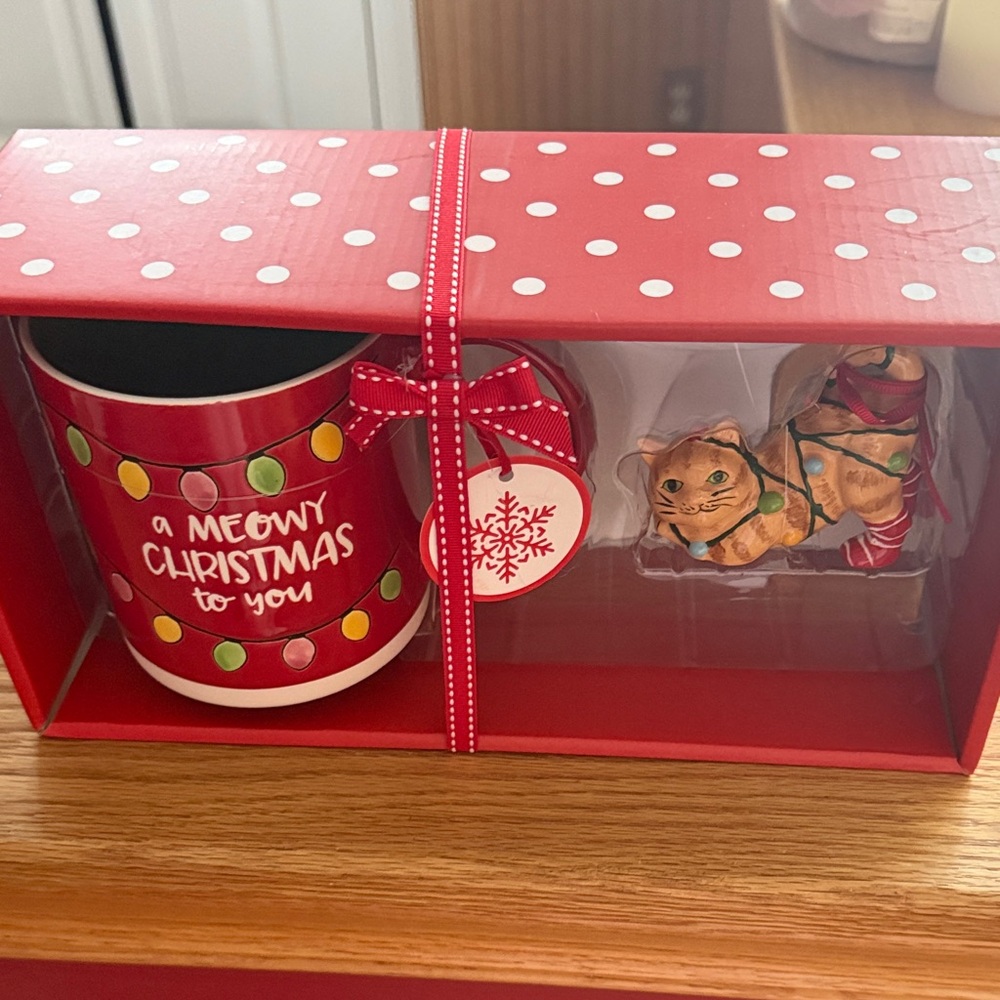 Holiday Cat Mug and Ornament Set - Red and Green